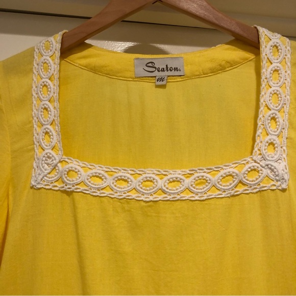 SEATON Retro Yellow Tunic Beach Pool Coverup 100% Cotton PomPon Fringe Size M - Picture 2 of 15